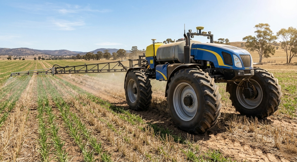 An autonomous self-propelled sprayer operating on a large-scale precision farm in rural Australia, demonstrating consistent stability across stubble and mixed terrain