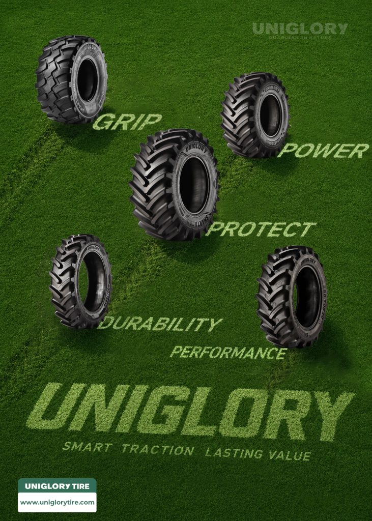 The best agricultural tire lineup by UNIGLORY showcased on a green field.